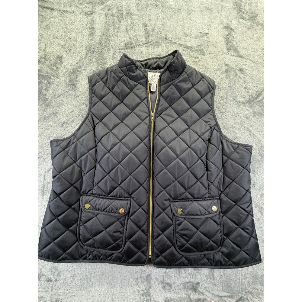 St Johns Bay Womens 3X Black Quilted Vest Full Zip Gold Hardware Pockets